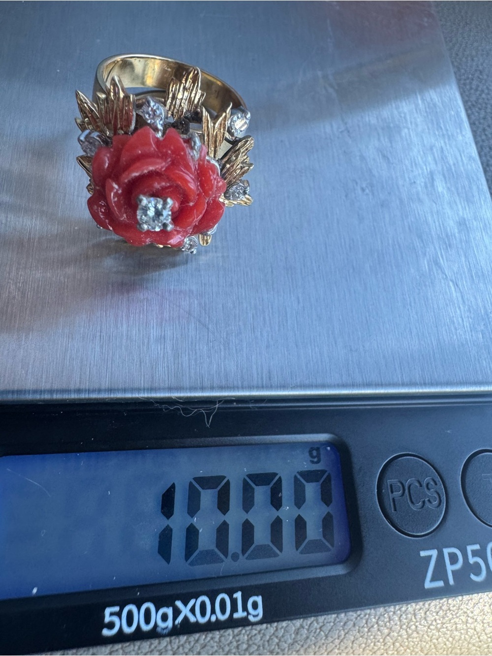 18K Yellow Gold Carved Coral & Diamond Flower Ring - Picture 4 of 8